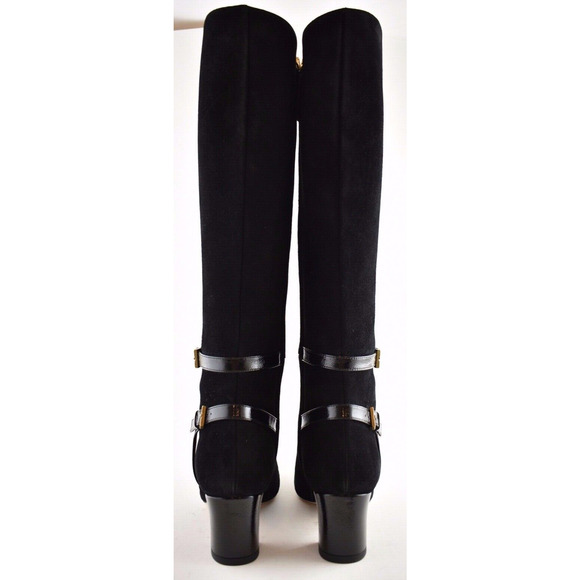 Gucci Geraldine 55 Black Suede Patent GG Gold Logo Low Heel Knee High Boot 35 - Picture 11 of 12